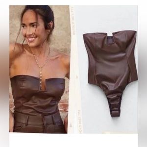 ZARA Chocolate Brown Faux Leather Strapless Top